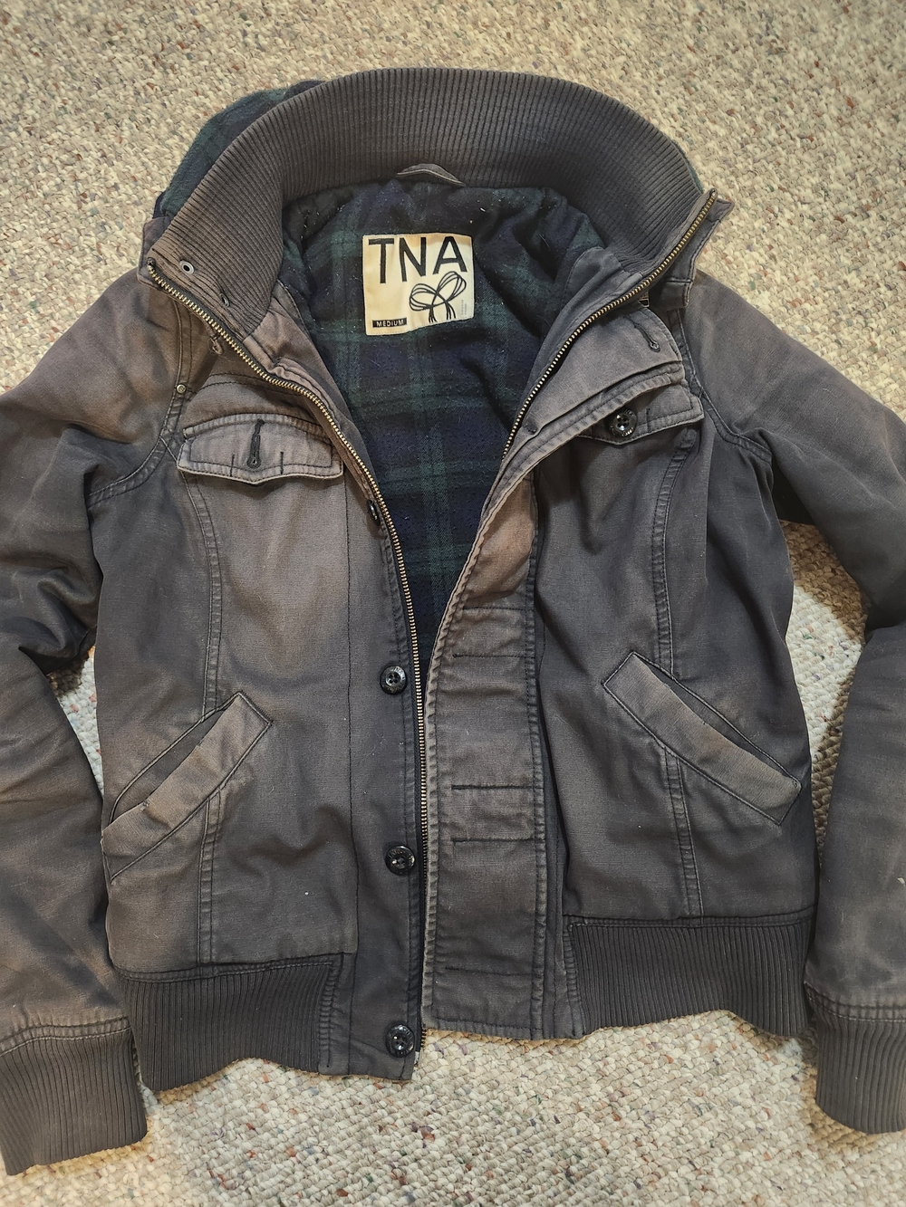 TNA Charcoal Gray Bomber Jacket with Ribbed Collar